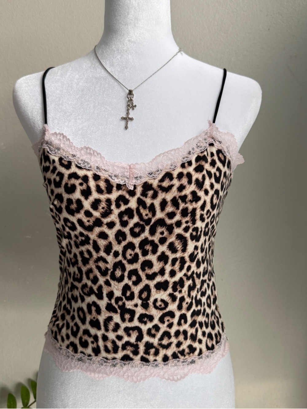 Leopard Print Lace-Trim Cami in Beige and Pink